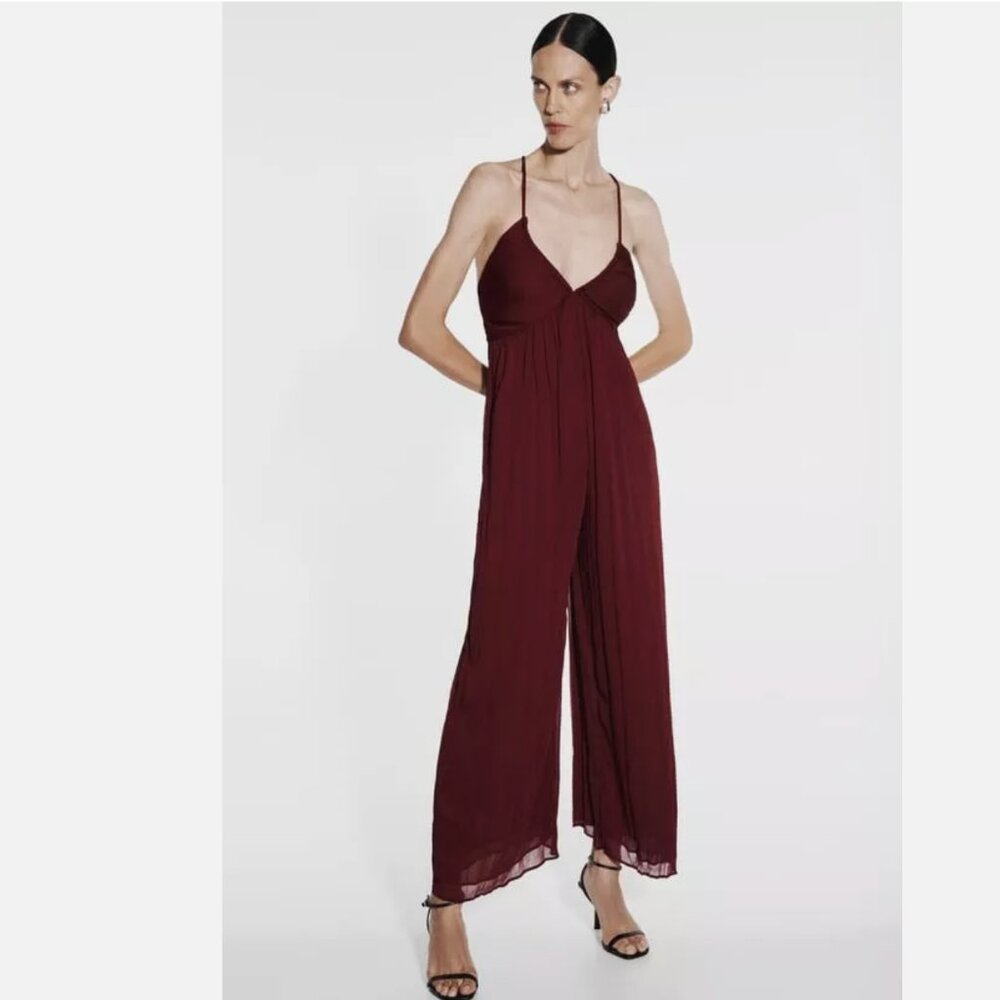 NWT ZARA LONG CROSSED BACK JUMPSUIT Chiffon Fabric Small Bloggers Fave Burgundy